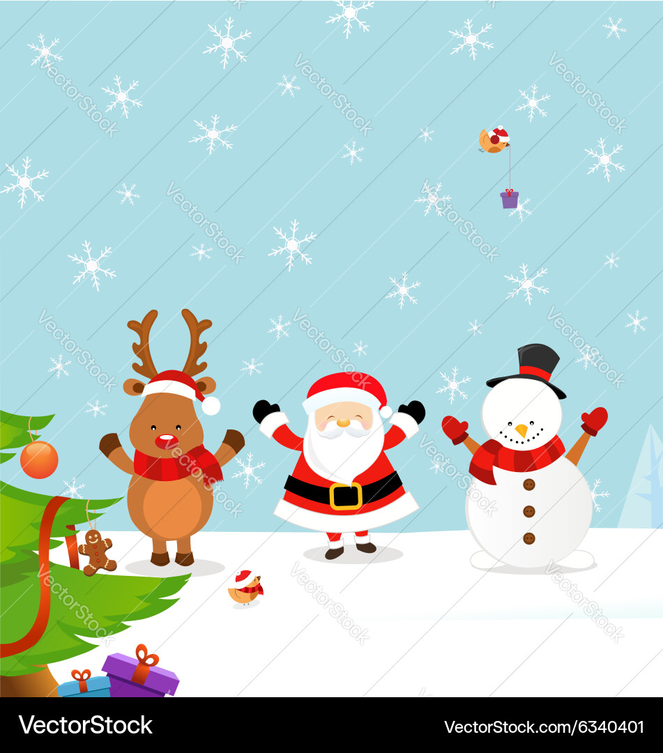 Cute Santa with Reindeer and Snowman Vector Image