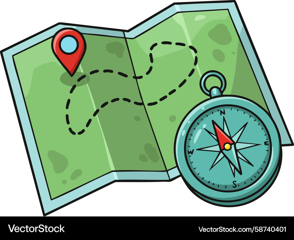 Folded map with location pin and compass Vector Image