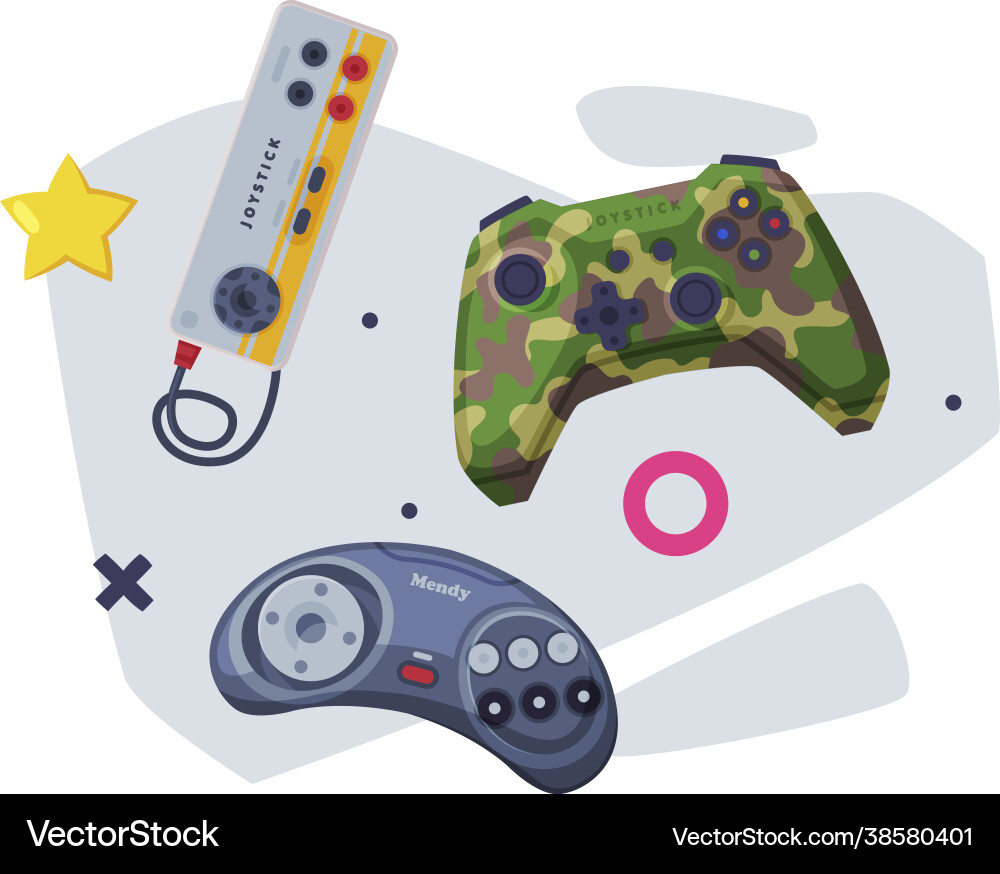 Game joysticks set retro gamepads controller Game joysticks set retro gamepads controller vector image
