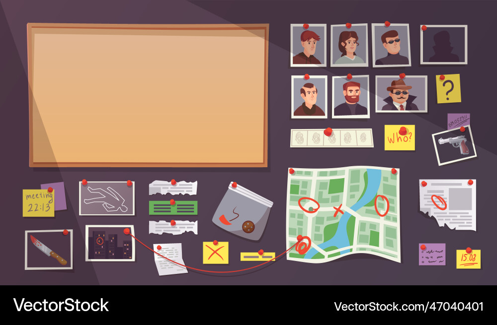 Investigation wall detective board elements Investigation wall detective board elements vector image