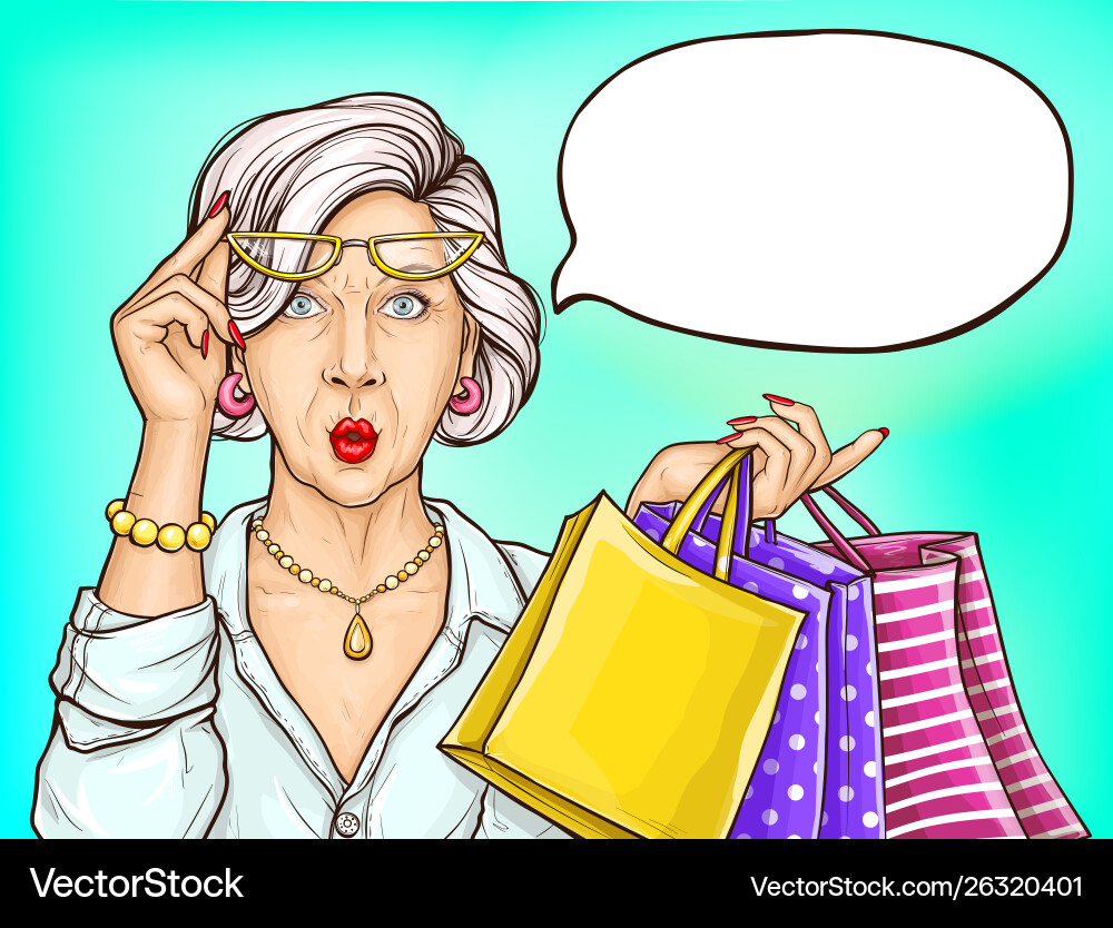 Pop art surprised old woman with shopping bags Pop art surprised old woman with shopping bags vector image