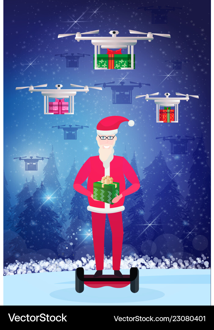 Santa claus ride electric scooter drone delivery Santa claus ride electric scooter drone delivery vector image