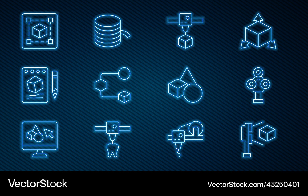 Set line 3d scanner with cube printer isometric Set line 3d scanner with cube printer isometric vector image