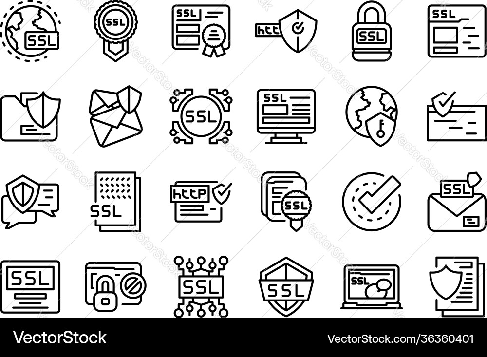 Ssl certificate icons set outline style Ssl certificate icons set outline style vector image