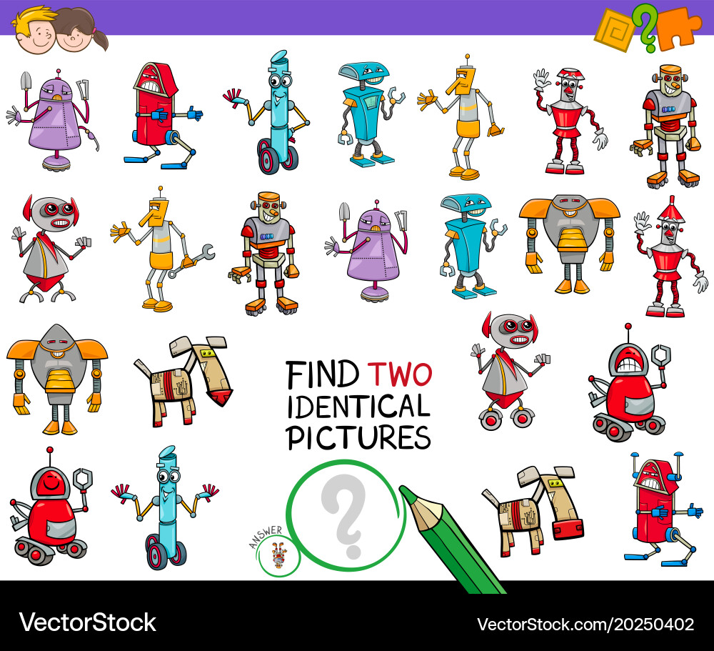 Find two identical robots game for children Vector Image