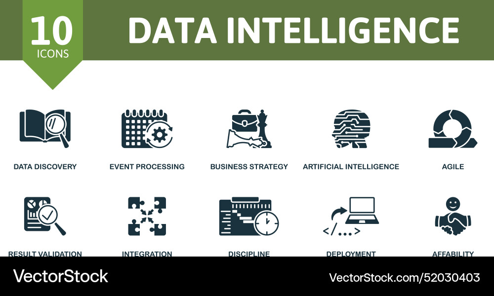 Data intelligence icon set discovery event Vector Image