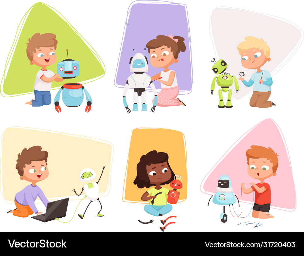 Kinder und Roboter Kinder Programmieren smart Kinder und Roboter Kinder Programmieren smart vektorbild
