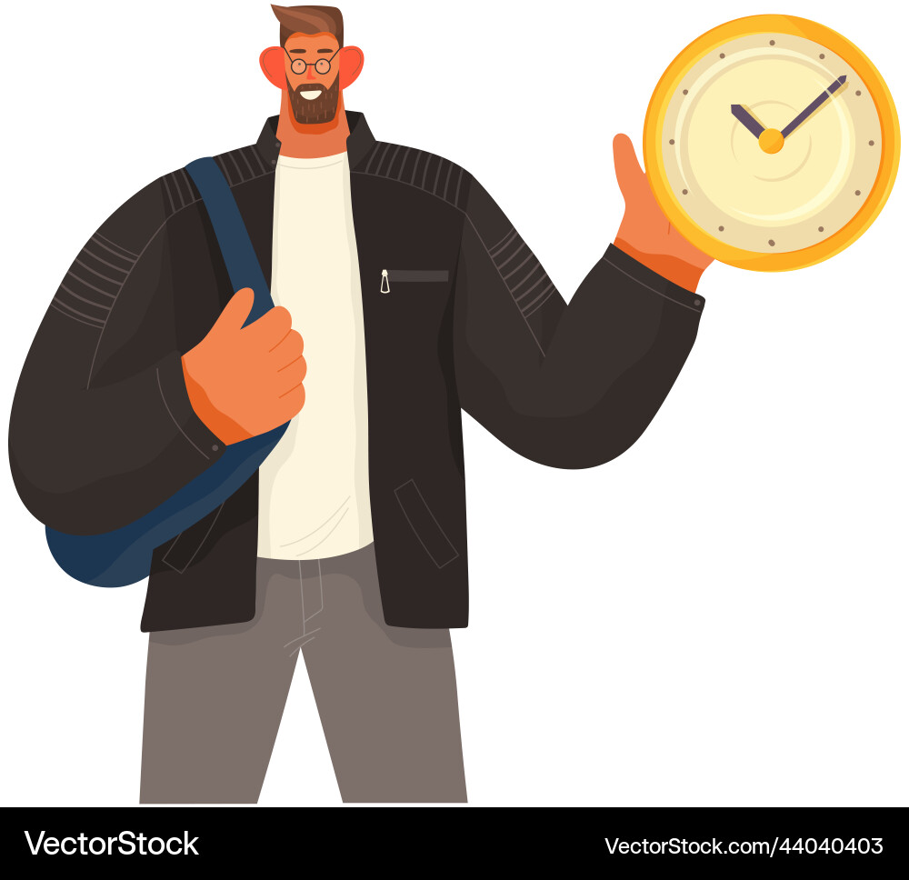 Man holding clock in hand to delay time character Man holding clock in hand to delay time character vector image