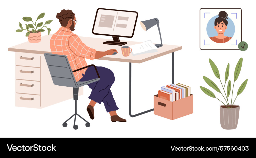 Remote worker at desk reviewing files on computer Remote worker at desk reviewing files on computer vector image