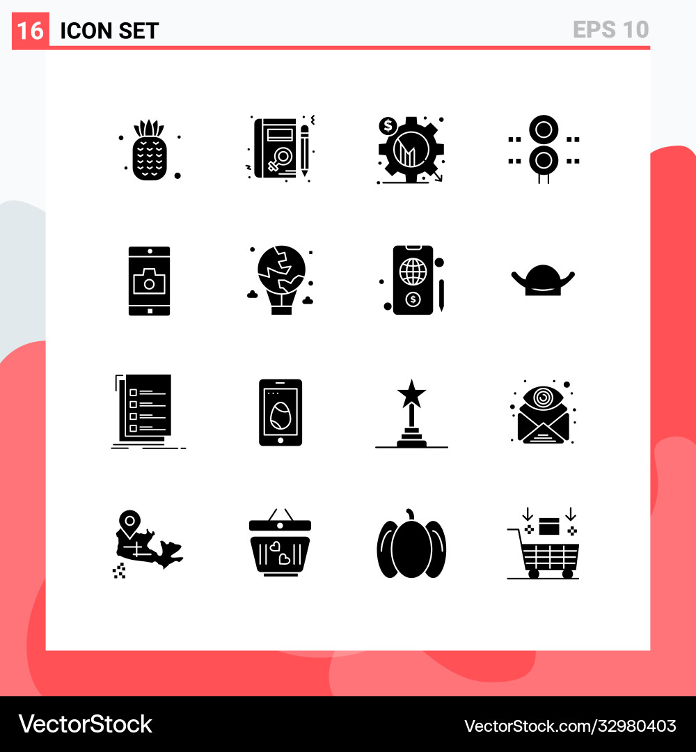 Set 16 solid glyphs on grid for application Vector Image