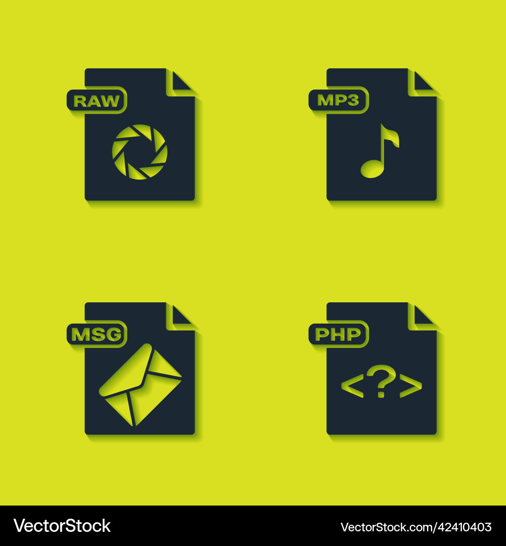Set raw file document php msg and mp3 icon Set raw file document php msg and mp3 icon vector image
