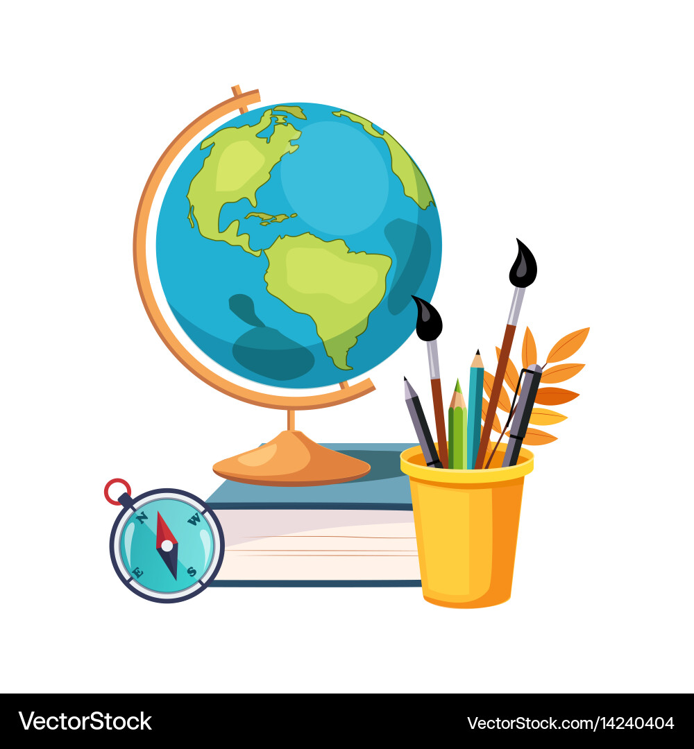 Geography globe and writing tools set of school Vector Image