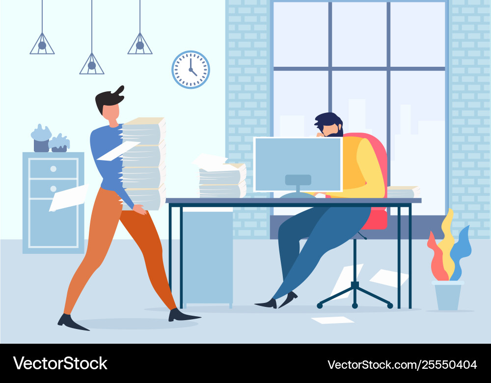 Manager holding paper stack man at computer table Vector Image
