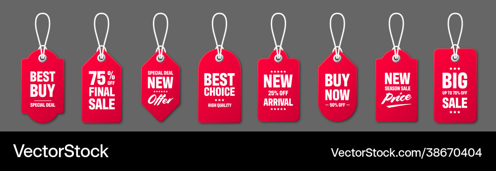 Realistic red price tags with white string on gray Realistic red price tags with white string on gray vector image