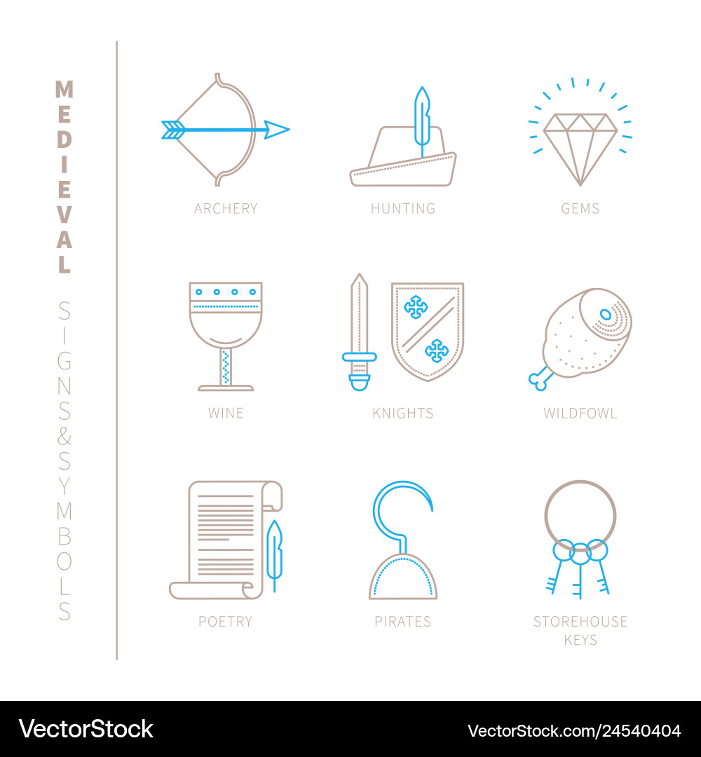Set of medieval icons and concepts in mono thin Set of medieval icons and concepts in mono thin vector image