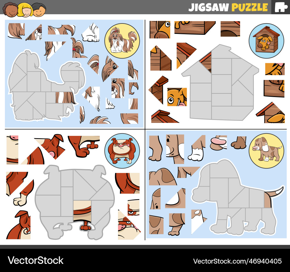 Jigsaw puzzle games set with funny cartoon dogs Jigsaw puzzle games set with funny cartoon dogs vector image