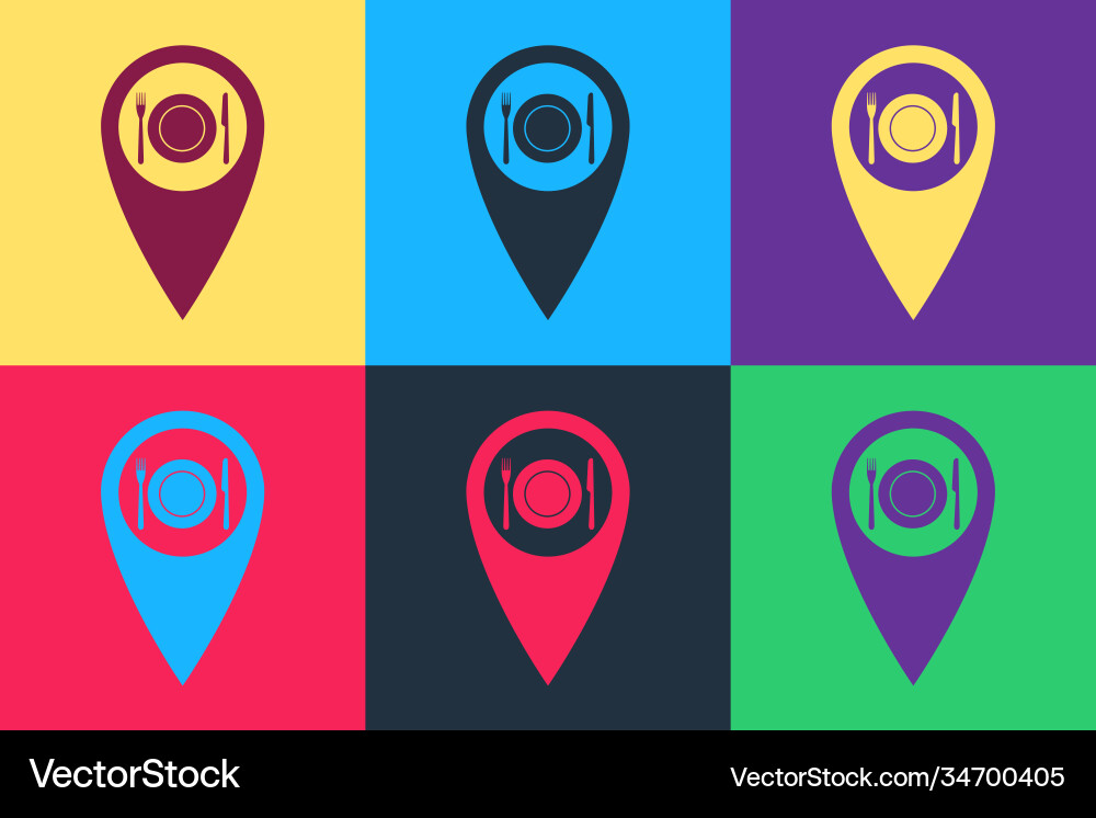 Pop art map pointer with restaurant and cutlery Pop art map pointer with restaurant and cutlery vector image