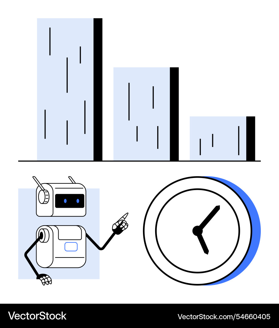 Roboter zeigt auf Uhr und Balkendiagramm Roboter zeigt auf Uhr und Balkendiagramm vektorbild