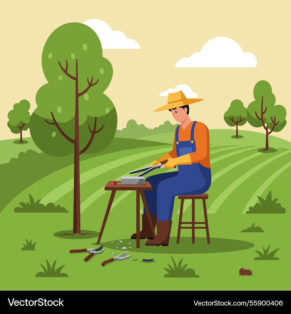 Man sharpening shears in a field gardening task Vector Image