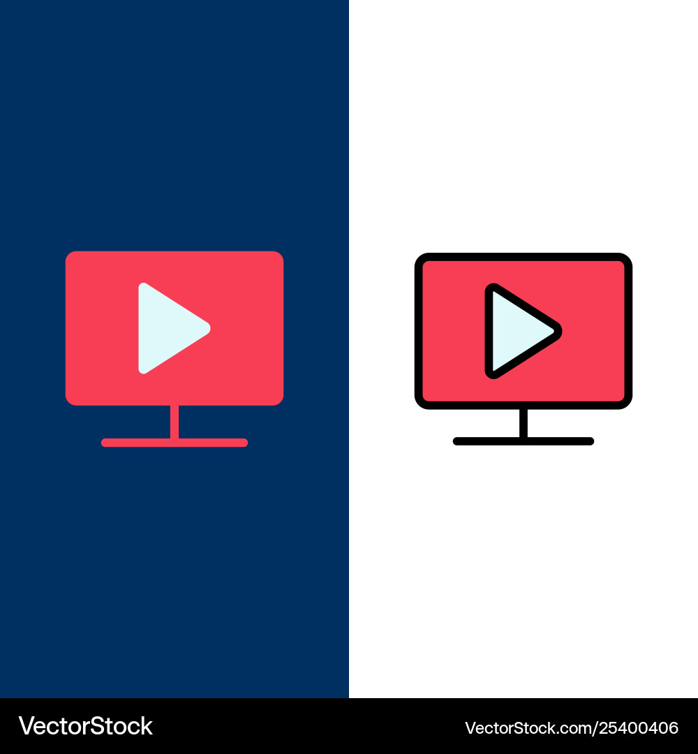 Monitor computer video play icons flat and line Vector Image