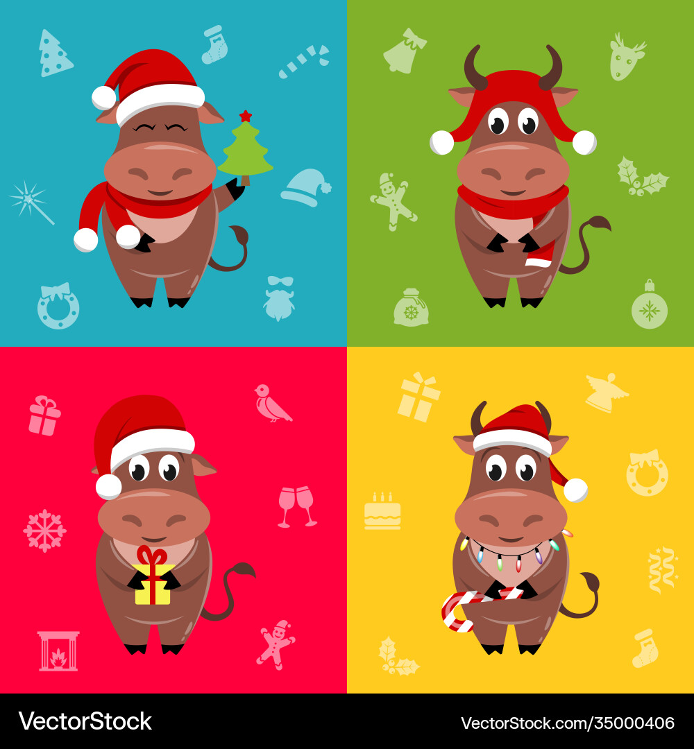 New year ox bull cartoon character in santa New year ox bull cartoon character in santa vector image