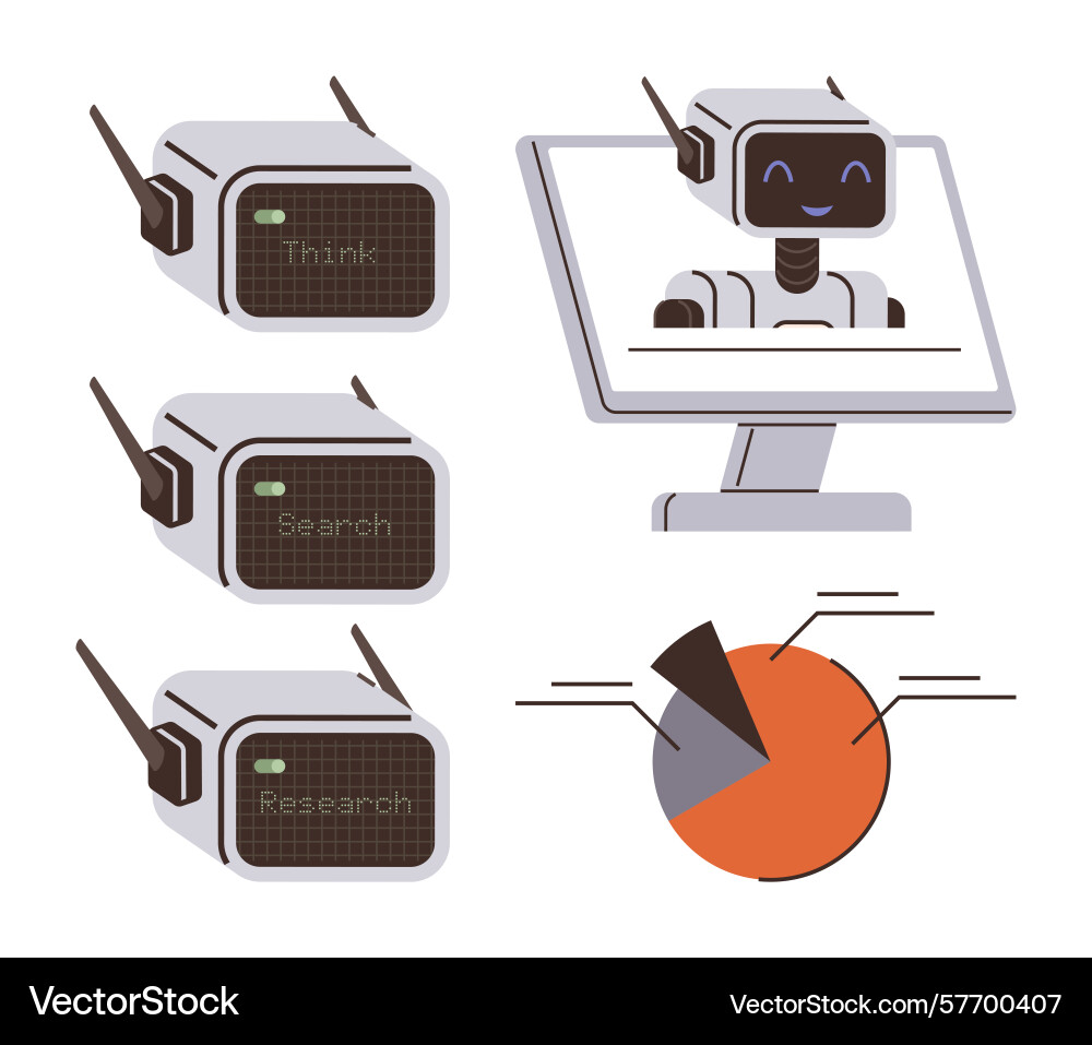 Friendly ai robots performing tasks with pie chart vector image