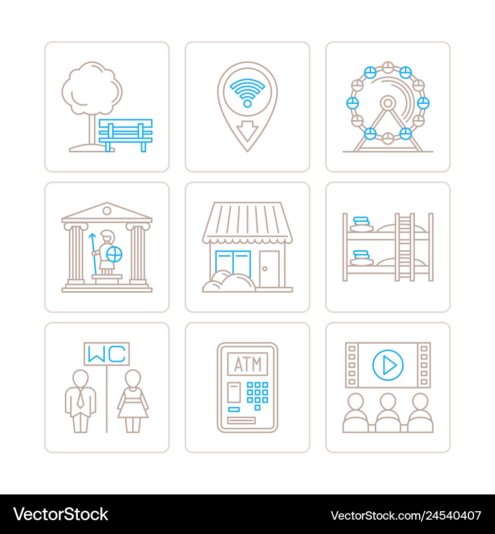 Set of common map icons and concepts in mono thin Set of common map icons and concepts in mono thin vector image