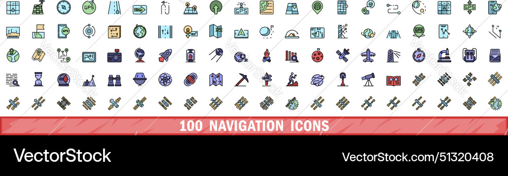 100 navigation icons set color line style 100 navigation icons set color line style vector image