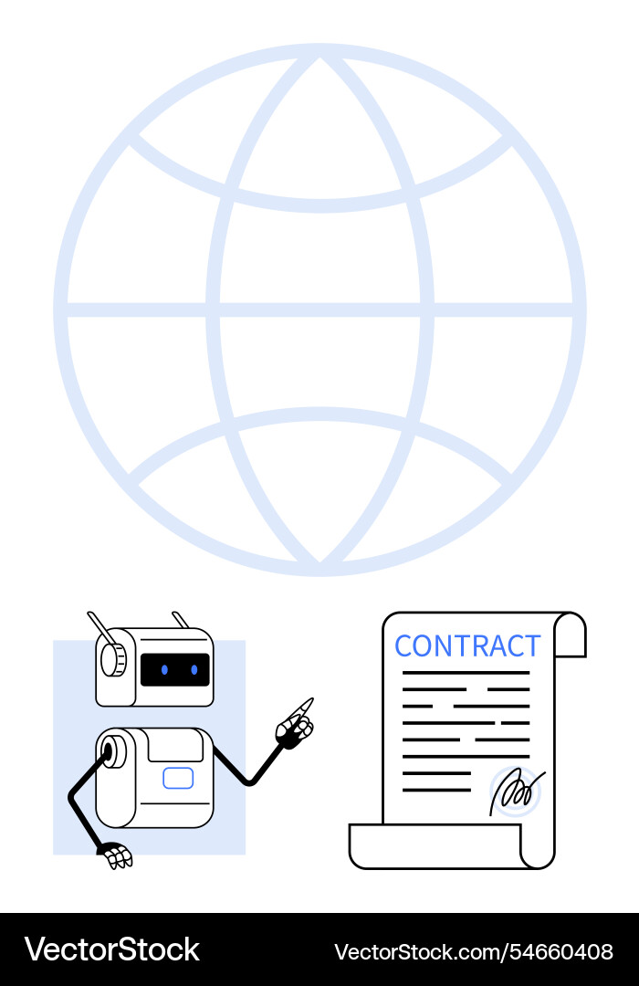 Robot presenting contract with global network Robot presenting contract with global network vector image