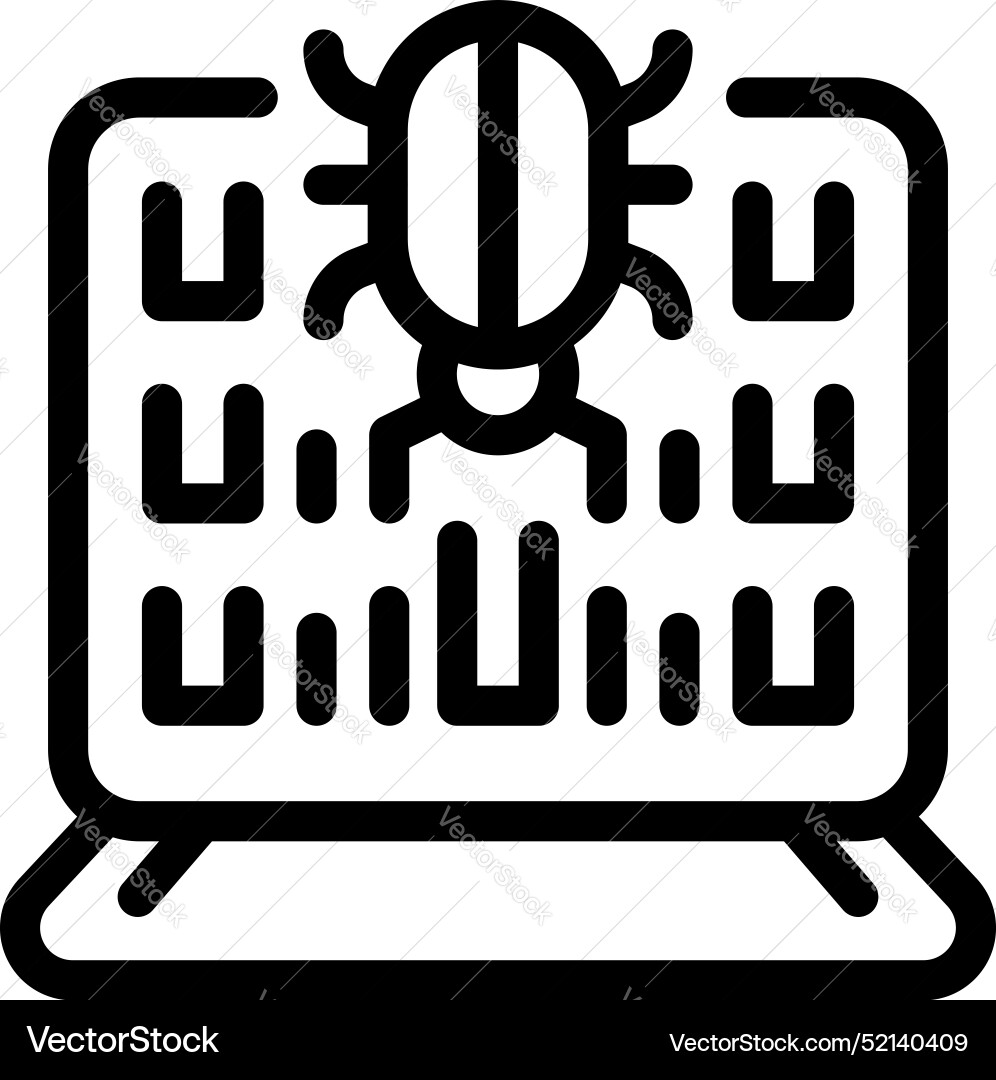 Big bug infecting laptop screen with binary code vector image