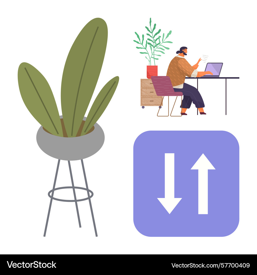 Remote work setup with plants and data sharing Remote work setup with plants and data sharing Vector Image