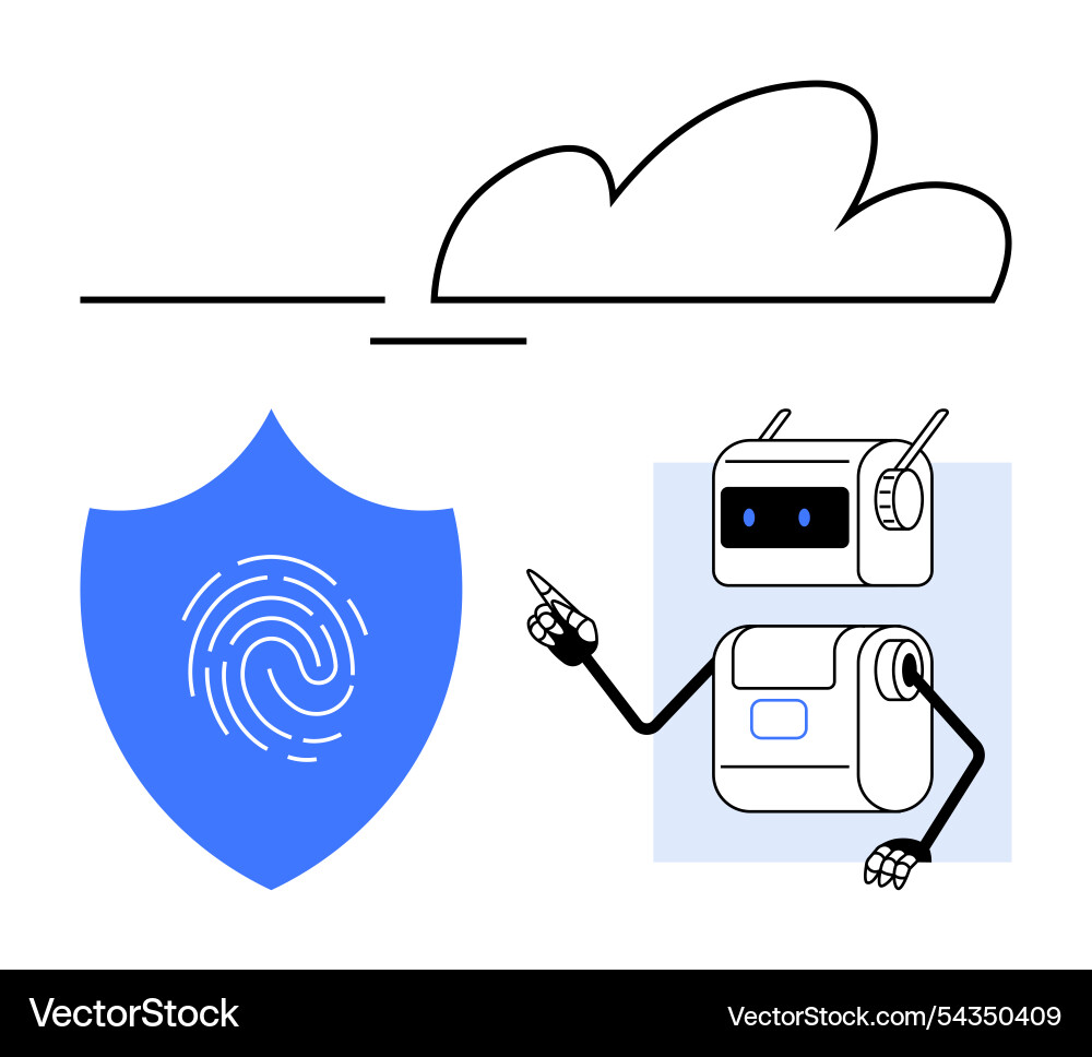 Robot pointing to blue shield with fingerprint Robot pointing to blue shield with fingerprint vector image