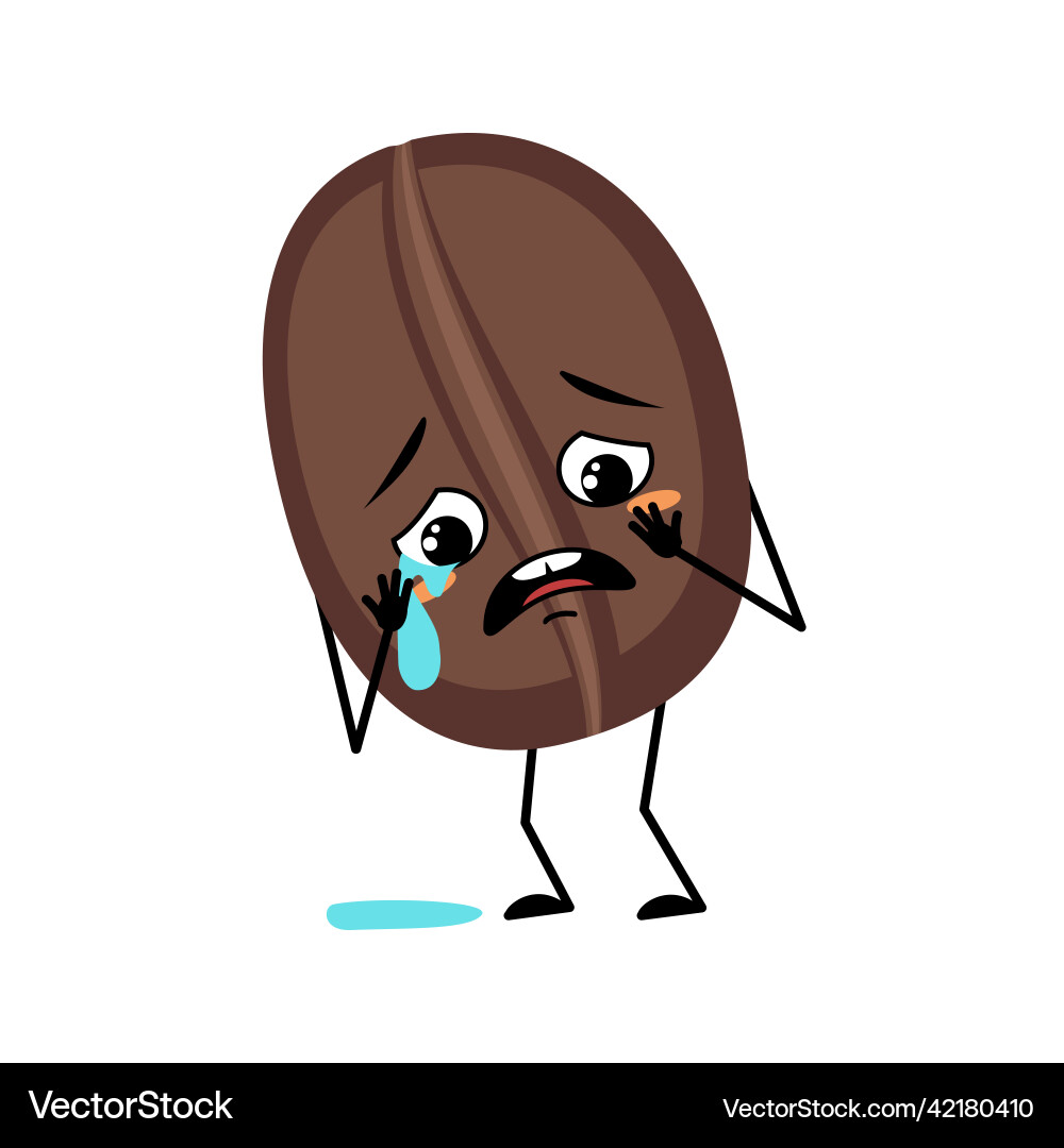 Coffee bean character with crying and tears Vector Image