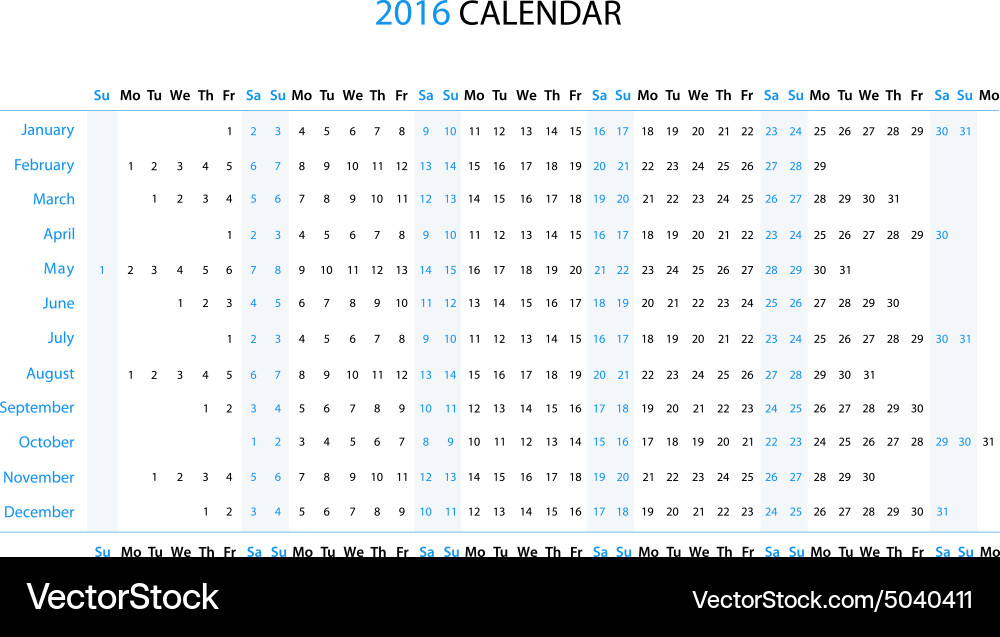 2016 Linear Calendar Vector Image