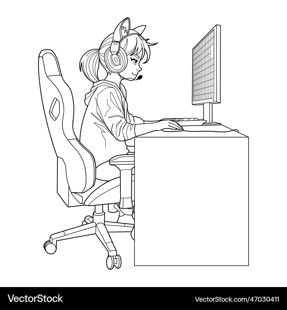 Girl gamer or streamer with a headset sits vector image