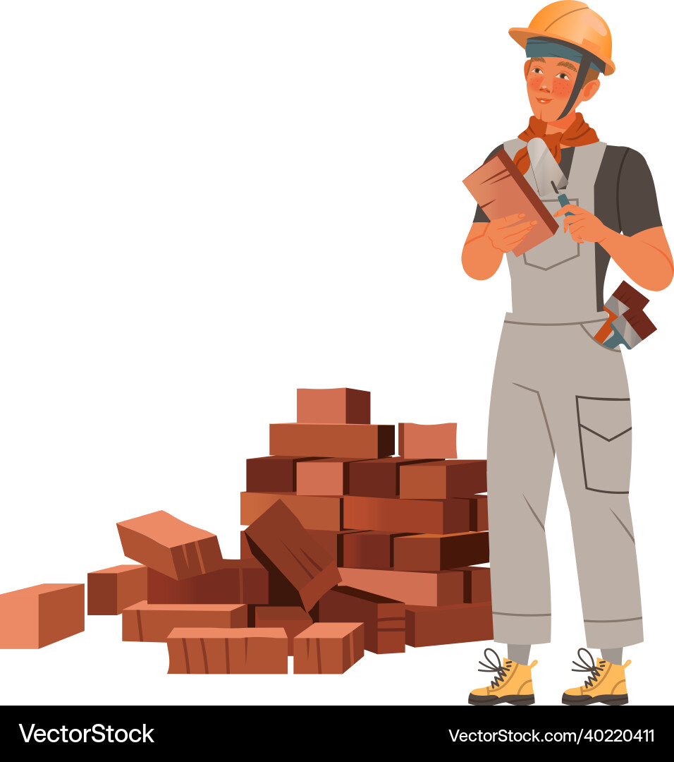 Man builder character laying bricks with trowel Vector Image