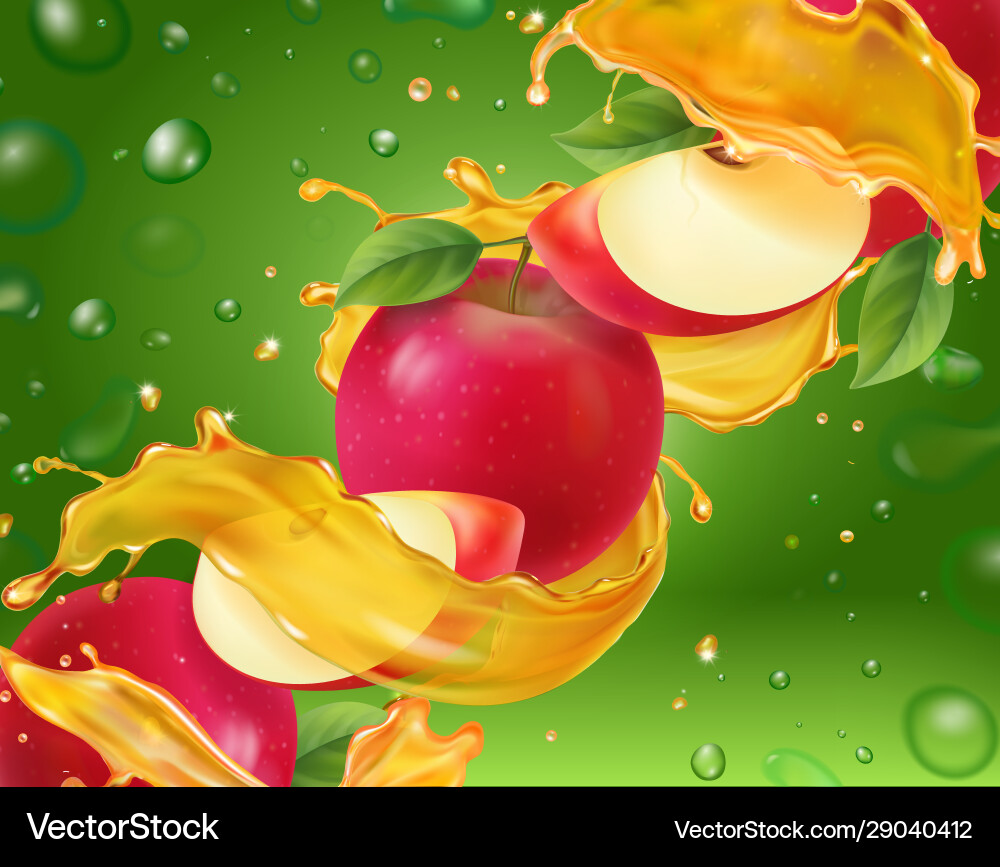 Apple realistic splashing juice 3d with red apples Apple realistic splashing juice 3d with red apples vector image