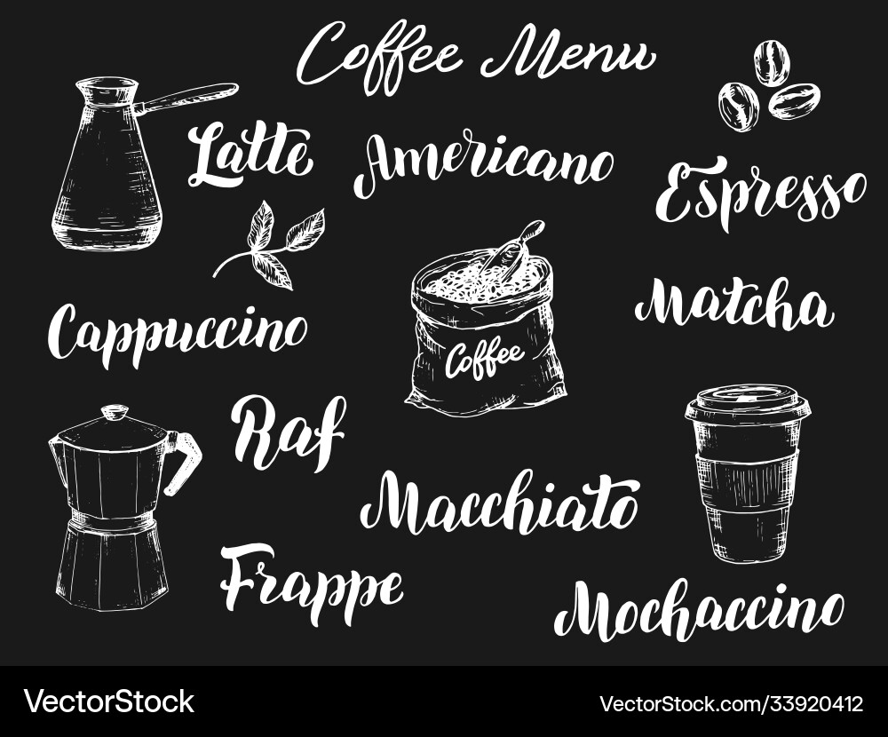 Coffee menu lettering set types font Coffee menu lettering set types font vector image