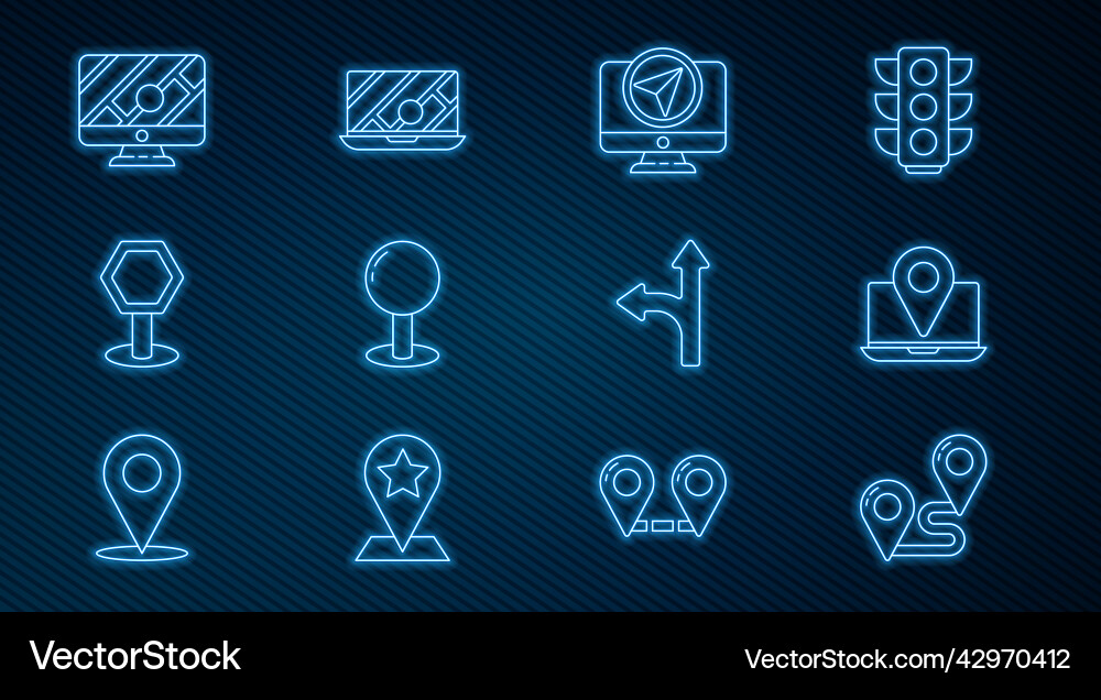 Set line route location laptop with marker Set line route location laptop with marker Vector Image