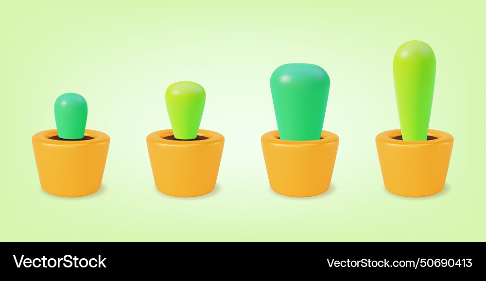 3d different types cute cactuses in cachepot set Vector Image