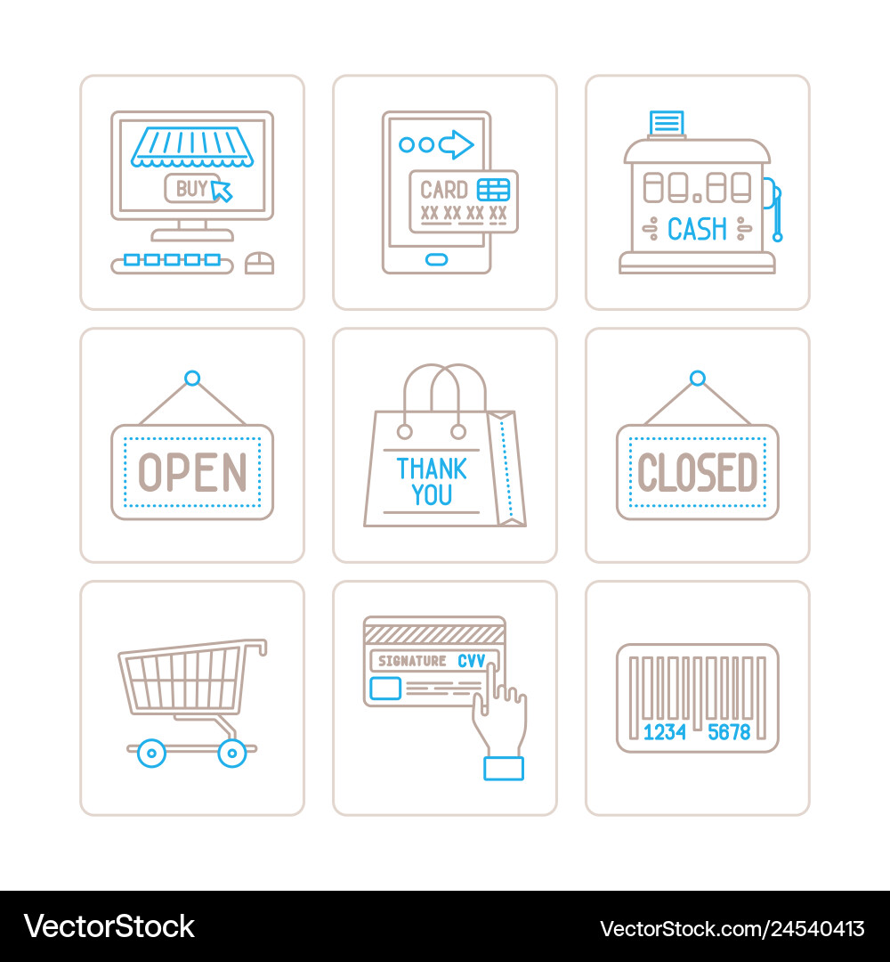 Set of shopping icons and concepts in mono thin Set of shopping icons and concepts in mono thin vector image