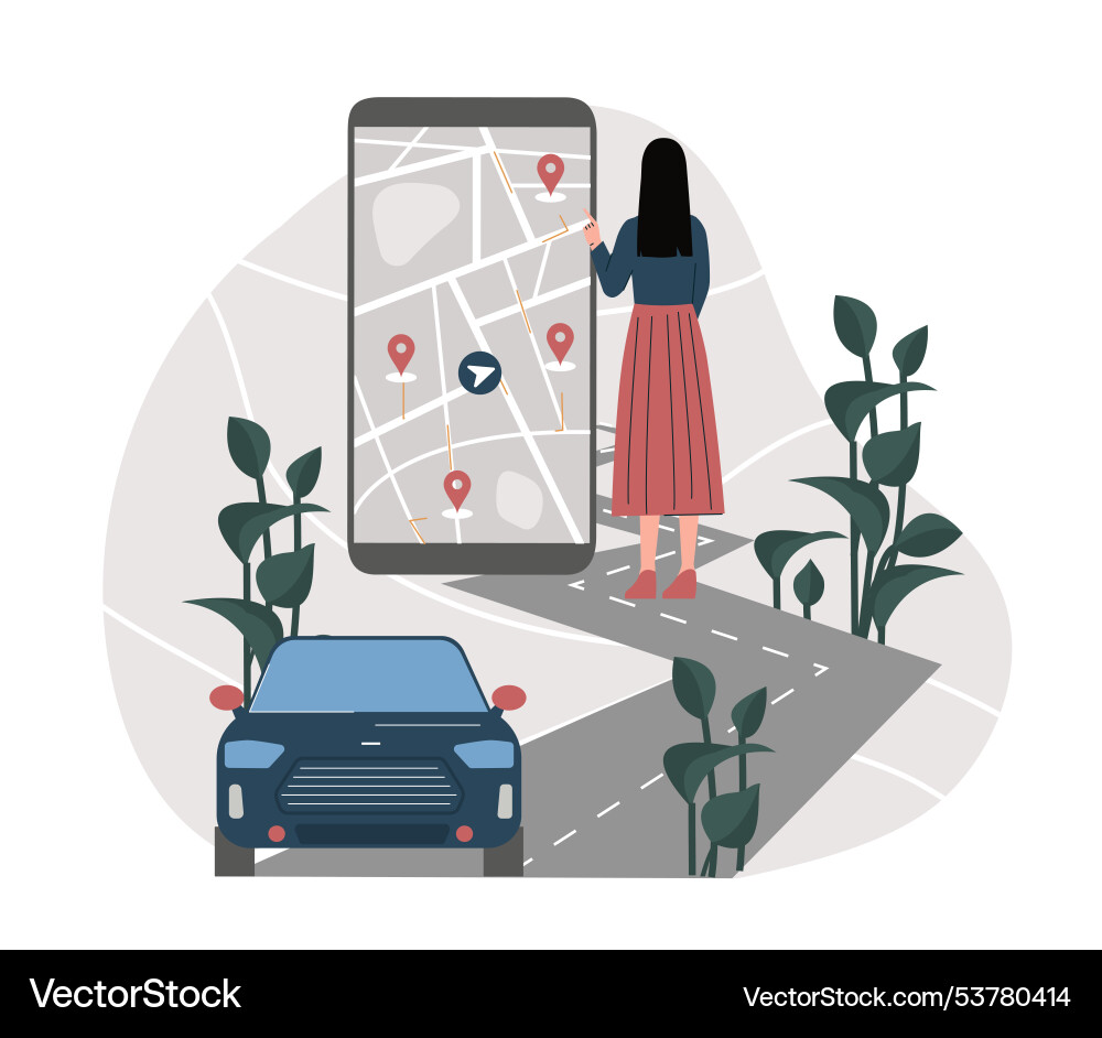 Frau bestellt Taxi junge Mädchen mit riesigem Smartphone Frau bestellt Taxi junge Mädchen mit riesigem Smartphone vektorbild