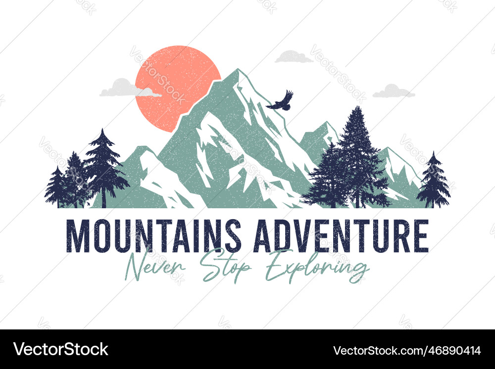Mountain t-shirt design with sun eagle and pine Mountain t-shirt design with sun eagle and pine vector image