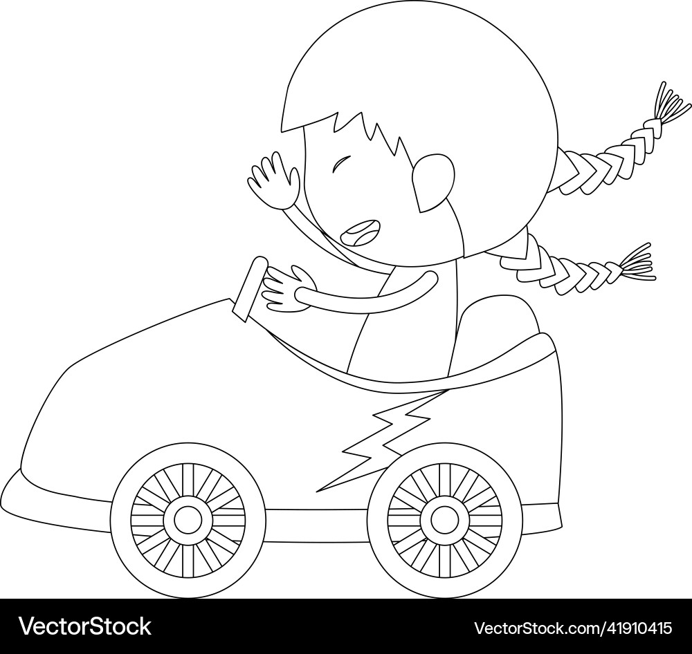 Ein Mädchen im Rennwagen schwarz und weiß doodle Ein Mädchen im Rennwagen schwarz und weiß doodle vektorbild