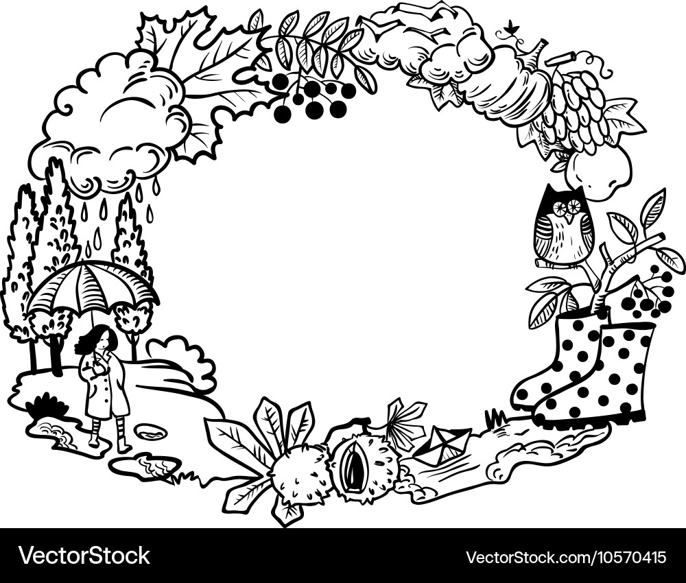 Fall season nature objects round border frame vector image