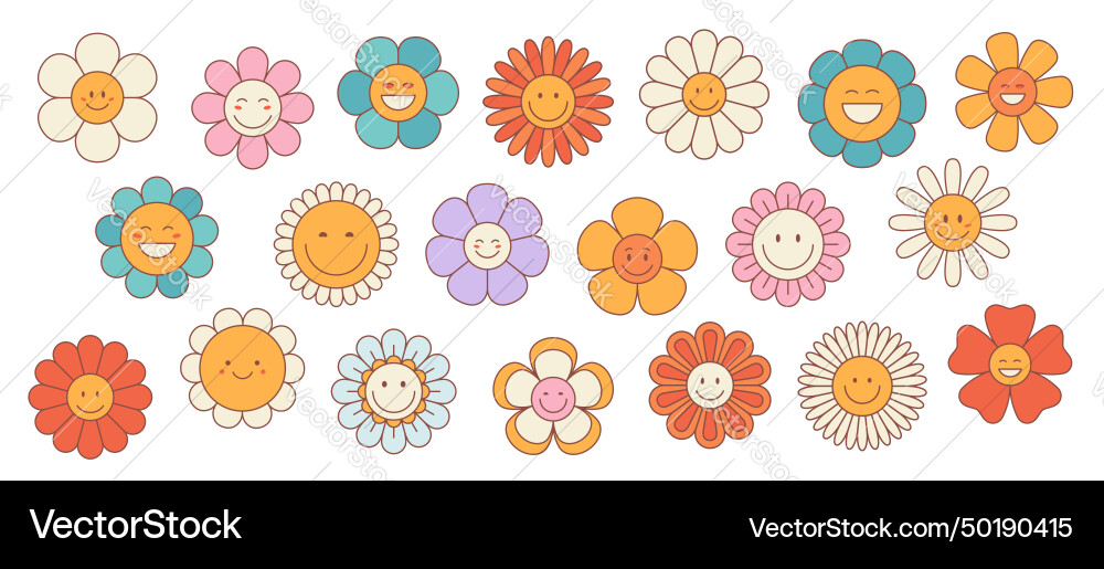 Retro groovy daisy sunflower happy cute flowers Retro groovy daisy sunflower happy cute flowers vector image