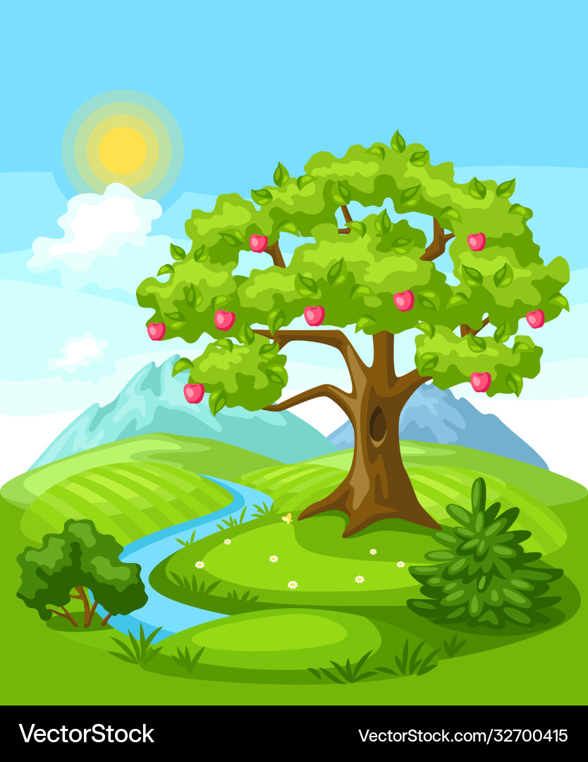 Summer landscape with trees mountains and hills Summer landscape with trees mountains and hills vector image