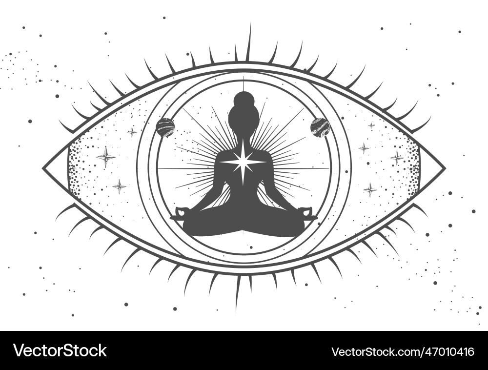 Meditating woman silhouette inside the third eye Meditating woman silhouette inside the third eye vector image