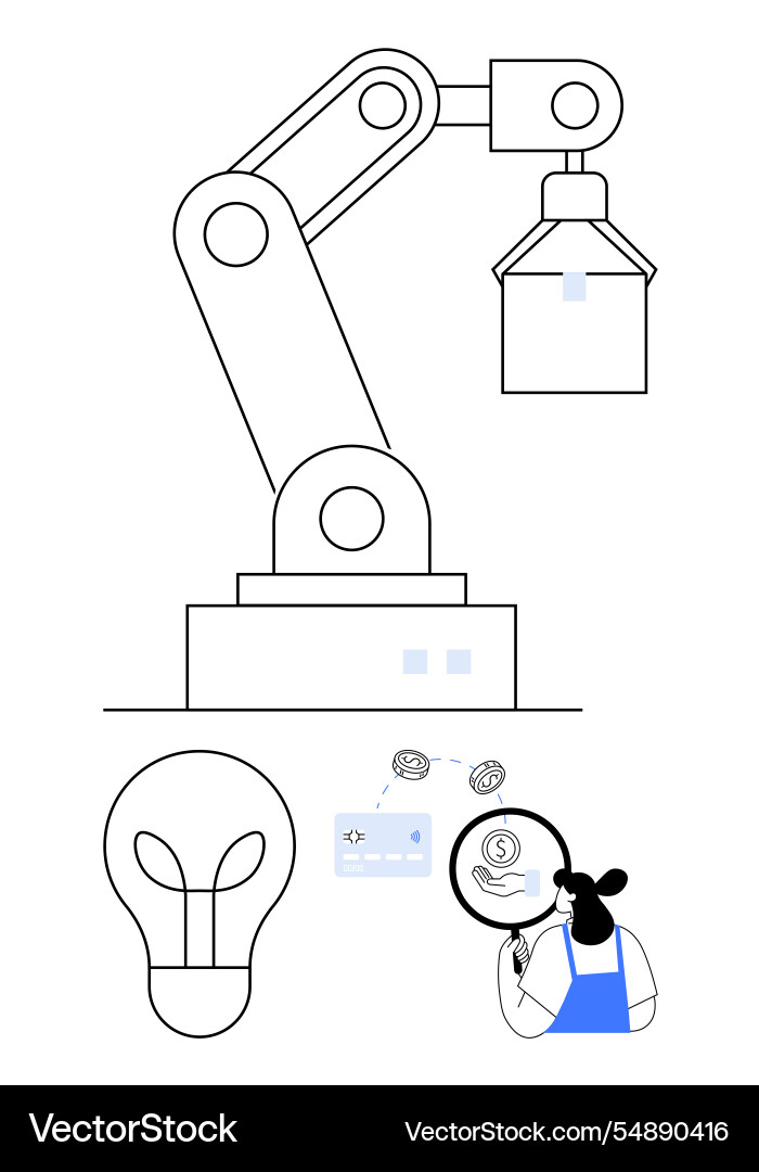 Robotic arm lightbulb and person with magnifying Robotic arm lightbulb and person with magnifying vector image