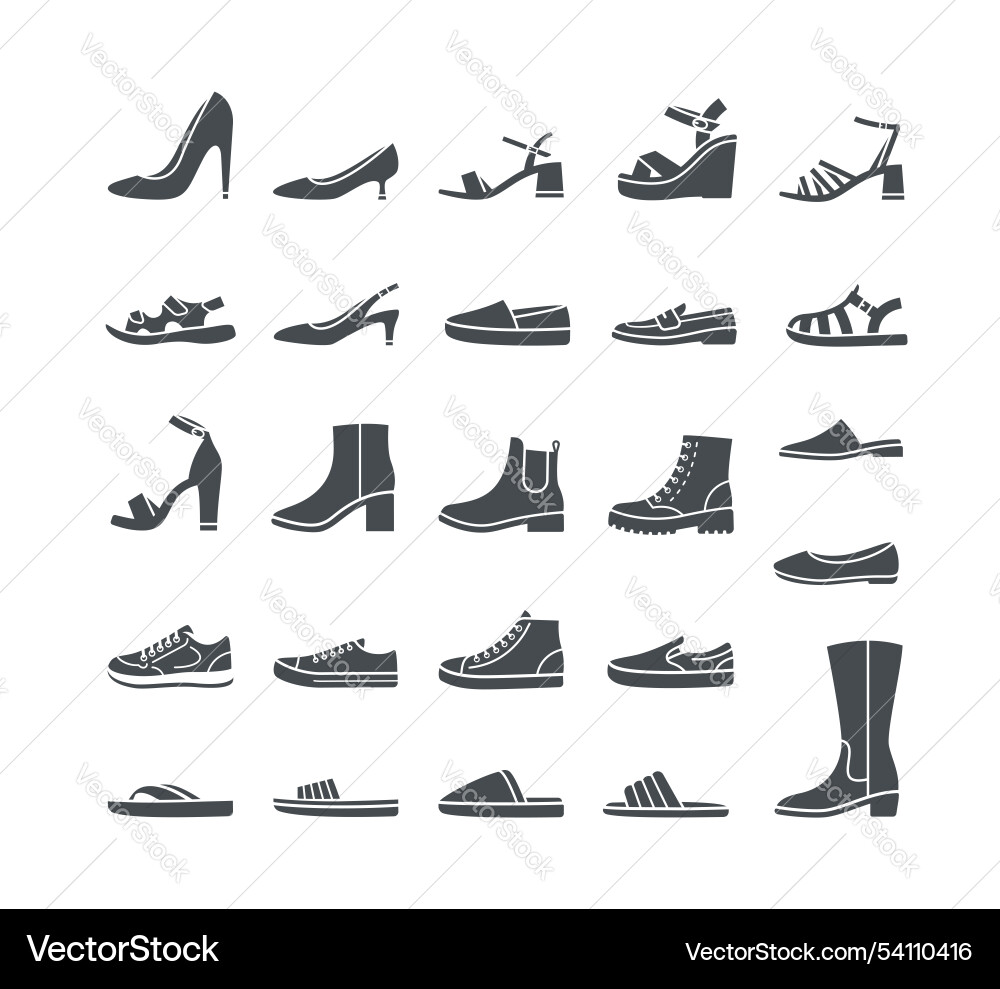 Women shoes simple solid silhouette footwear icons Women shoes simple solid silhouette footwear icons vector image